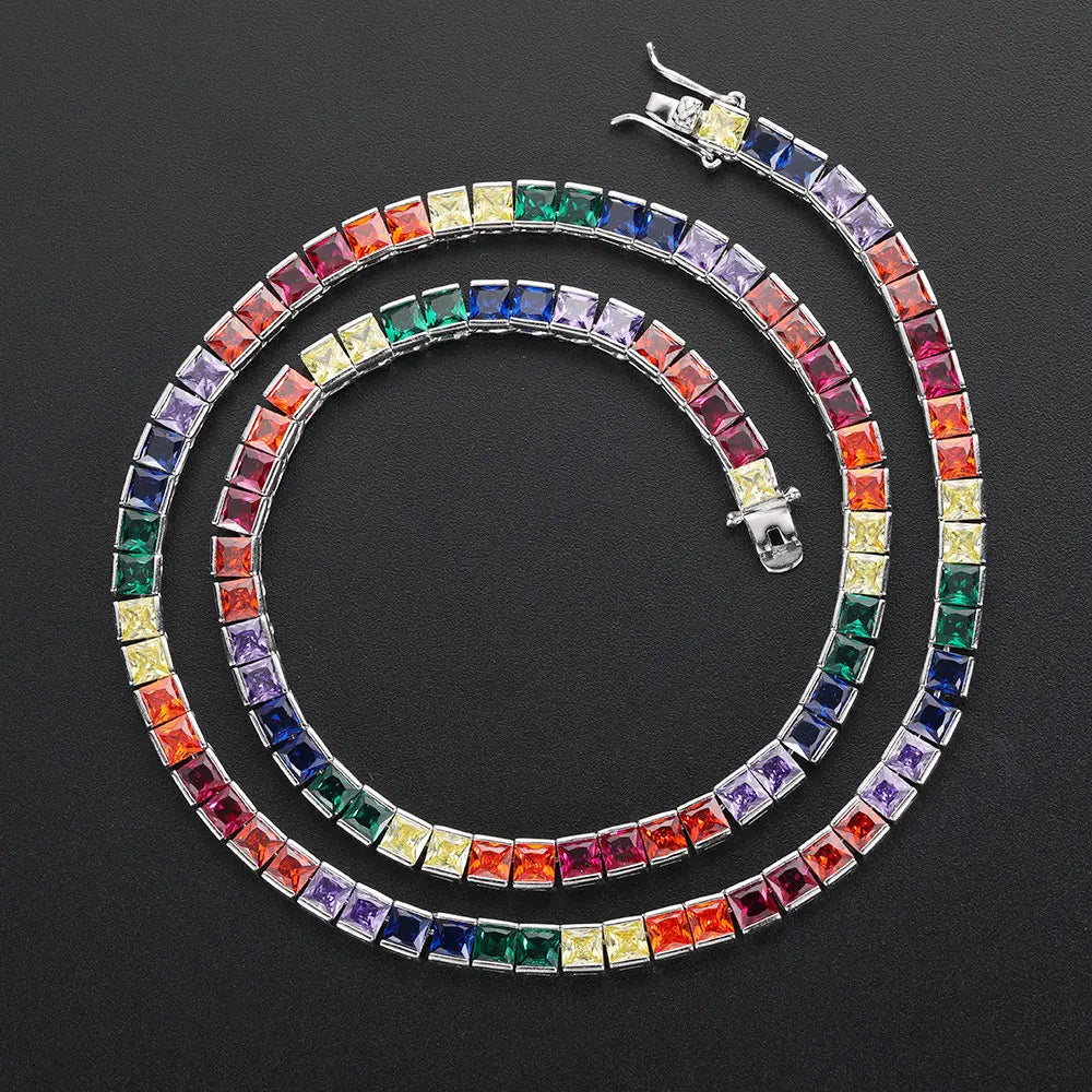 Gold Rainbow Tennis Necklace Iced Out 4MM 18K