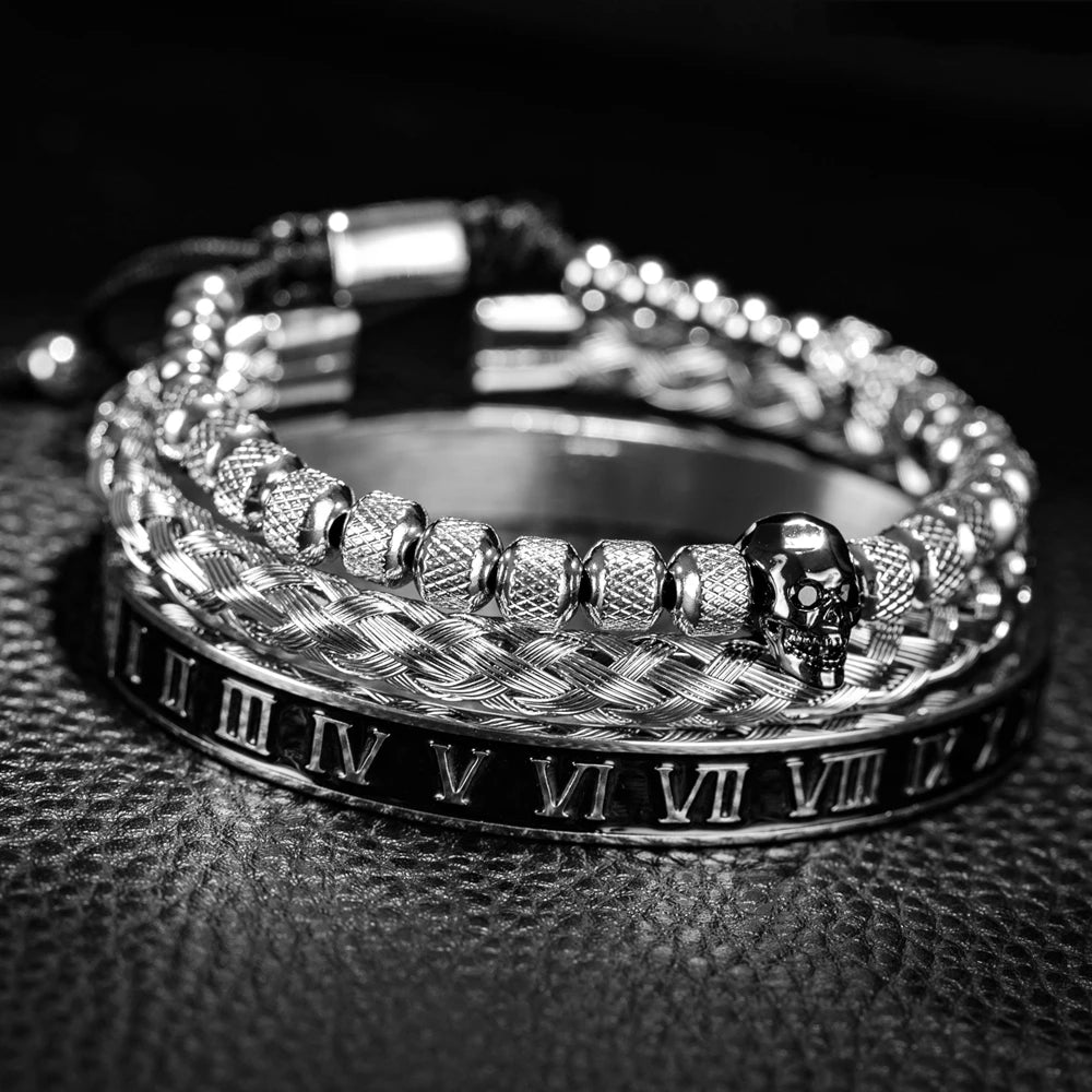 Luxury 3pcs/Set Skull Charm Black Bracelet Stainless Steel  Men Enamel Roman Number Bangles  Europe Fashion Couple Jewelry