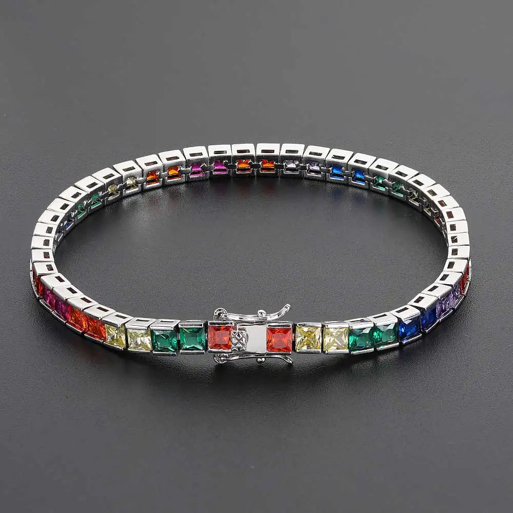 Gold Rainbow Tennis Necklace Iced Out 4MM 18K