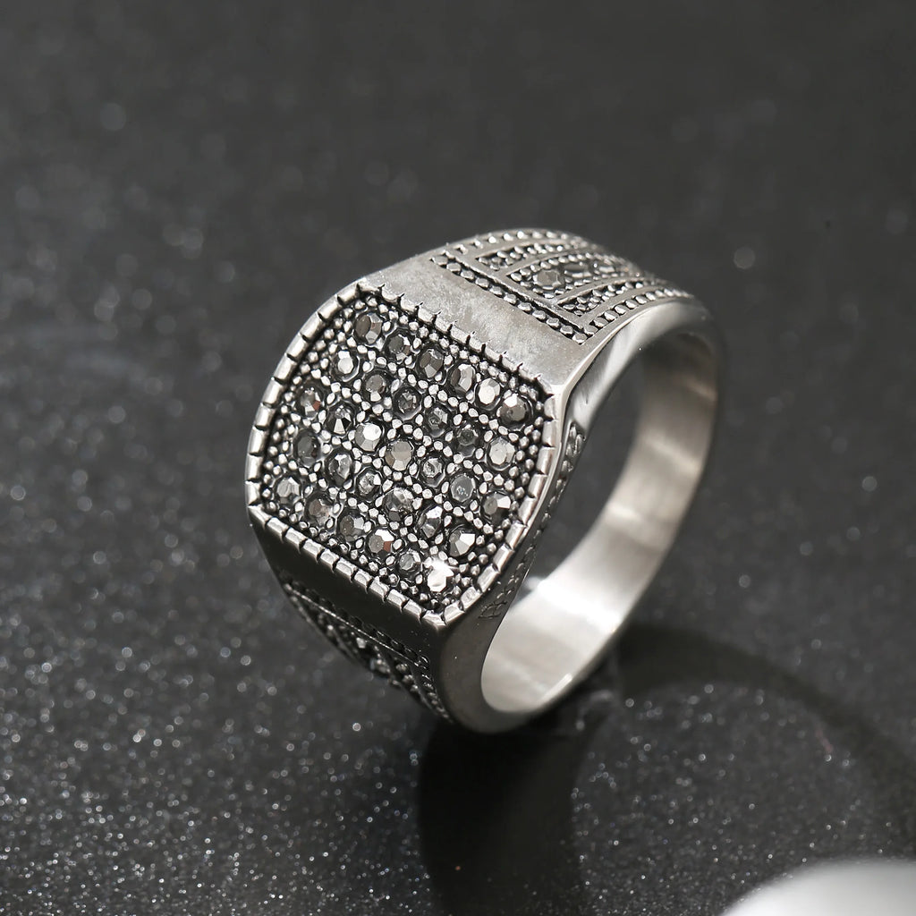 LNCHRAN Men 316L Stainless Steel Silvery Paved Black Synthetic Zircon Signet Ring Gothic Jewelry Gift For Men