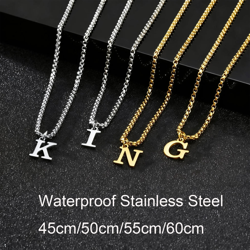 Initial Letter Box Chain Necklace — Stainless Steel