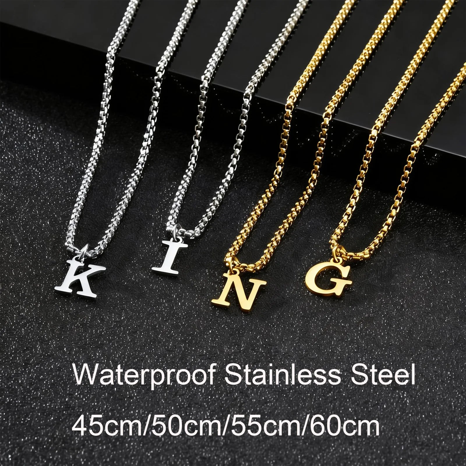 Initial Letter Box Chain Necklace — Stainless Steel