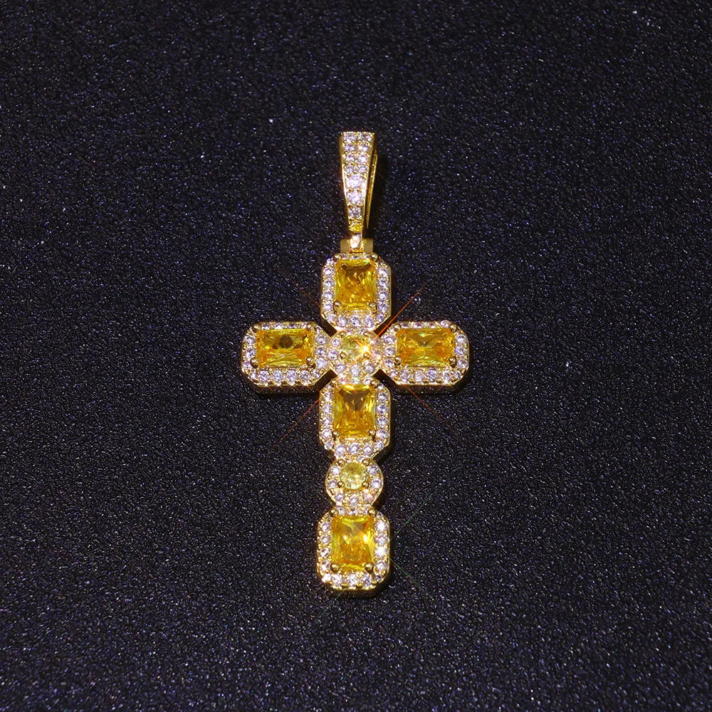 Cross Pendant Necklace Iced Out Yellow CZ
