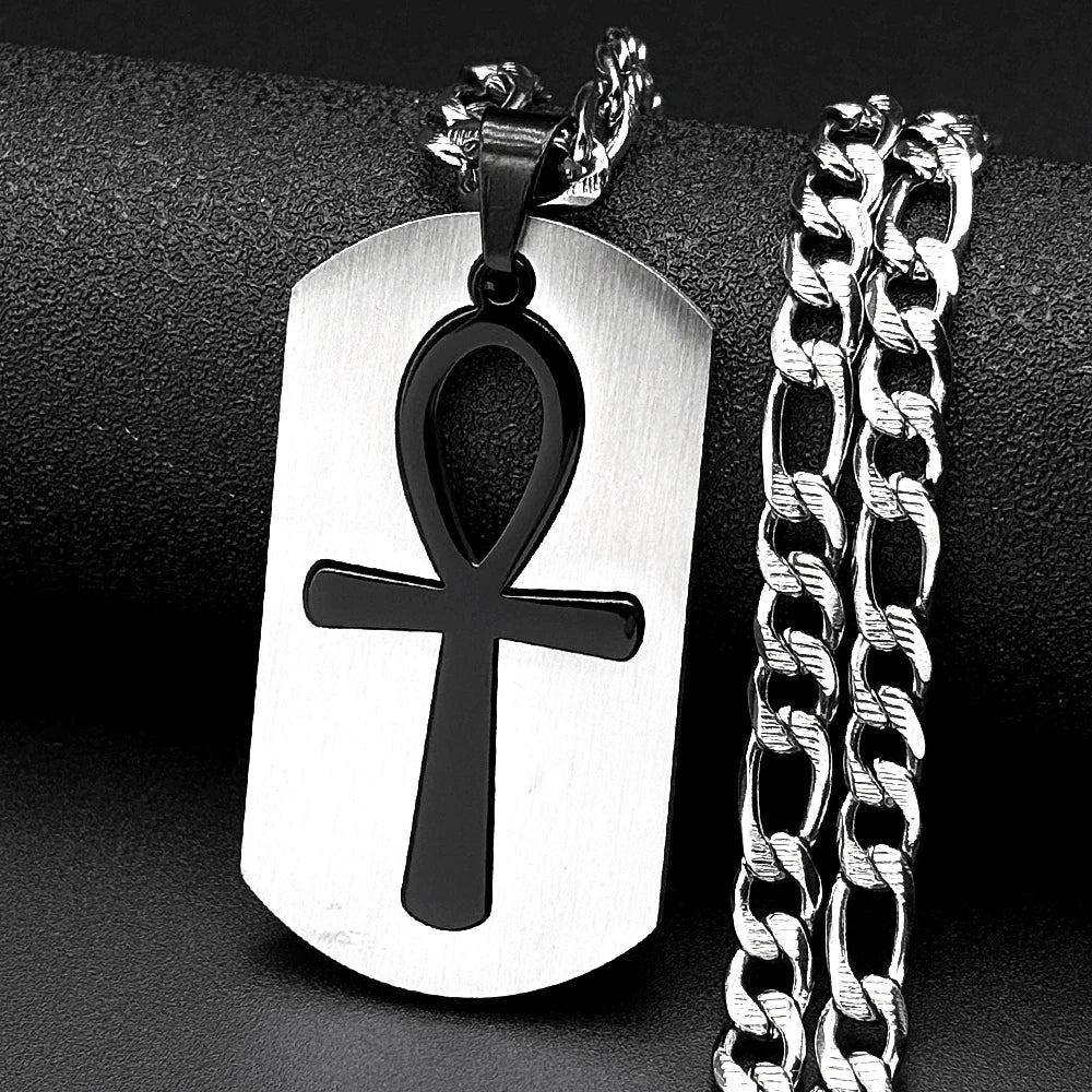 Egyptian Removable Ankh Cross Hollow Dog Tag Pendant Necklaces for Women Men Stainless Steel Egypt Two-Tone Chain Jewelry Gift