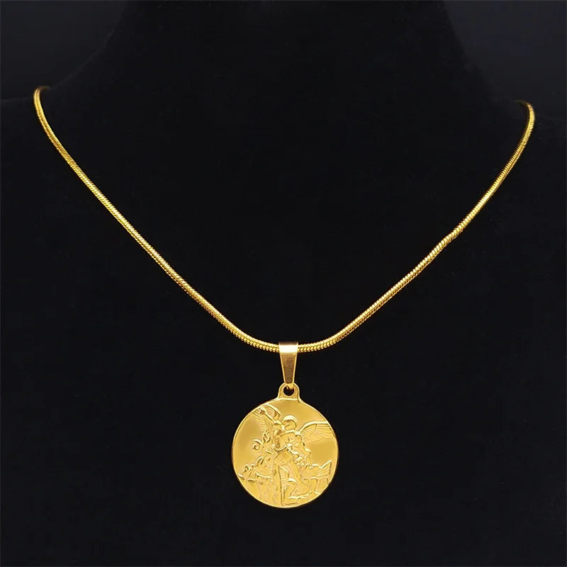 SAINT MICHAEL PROTECT US Archangel Stainless Steel Necklaces Chain Men/Women Gold Color Choker Necklace Jewelry joyas