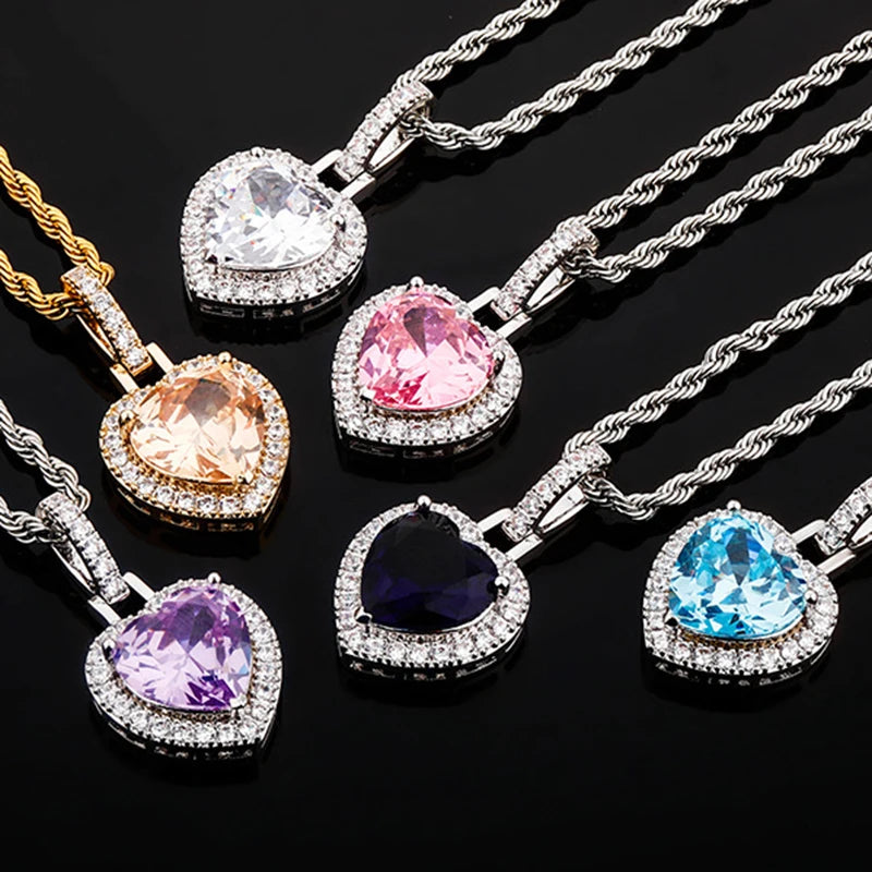Iced Out Heart Pendant Necklace Stainless Steel CZ