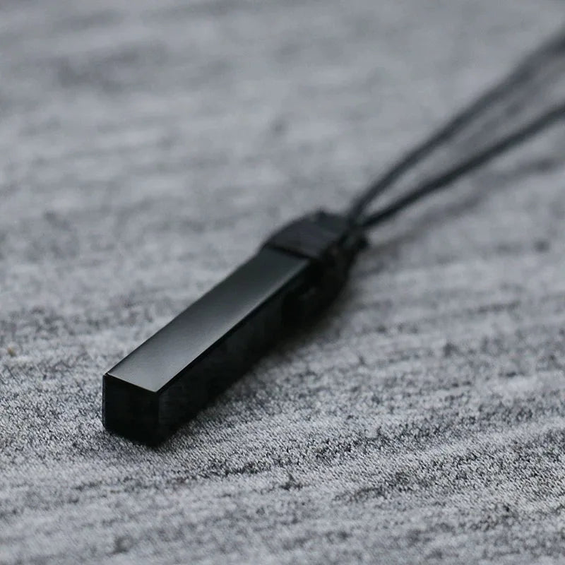Unisex Natural Black Obsidian Rectangle Pendant Necklace Simple Black Wax Rope Adjustable Length Suitable for Men And Women Idea