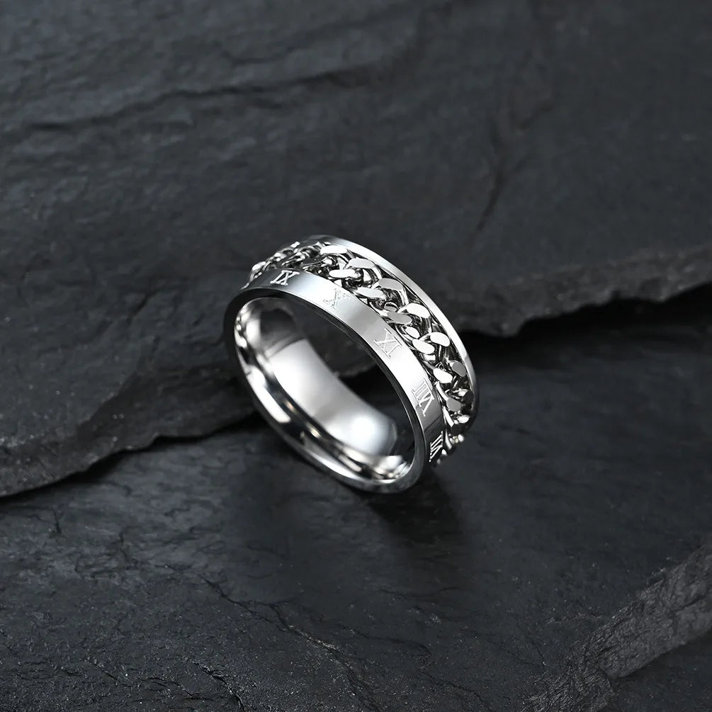 Roman Numerals Stainless Steel Chain Rotating Anxiety Black Rings For Men Fidget Metal Spinner Knuckle Ring Anillos De