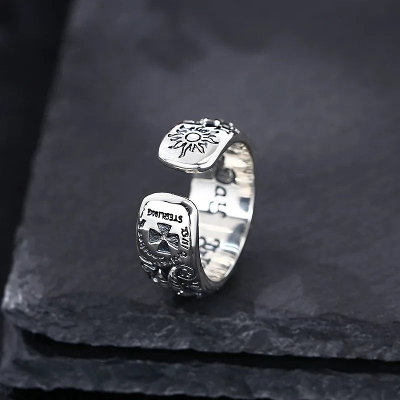 Retro Sun Wings Graffiti Ring for Men — Adjustable, Silver-Tone