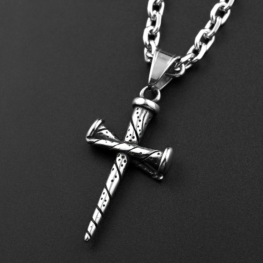 Vintage Nail Spike Cross Pendant Necklace — Stainless Steel