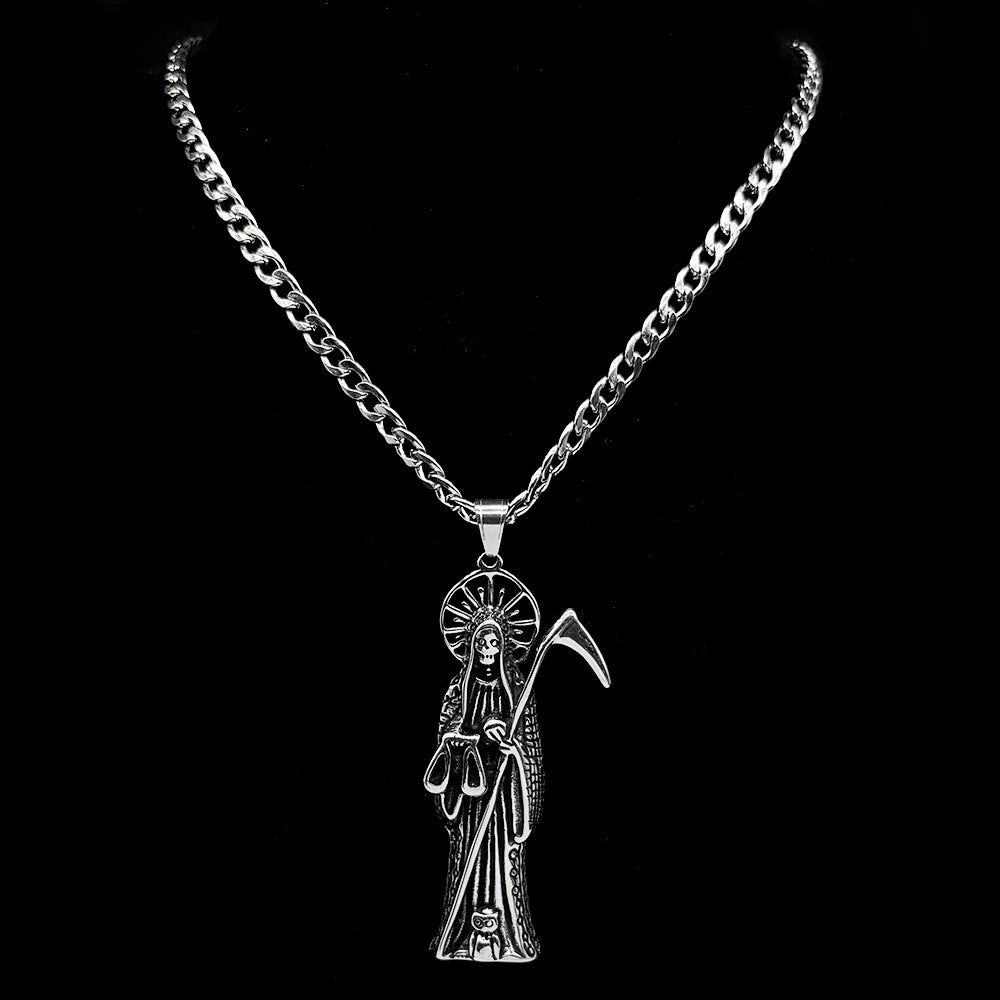 Holy Saint Death Santa Muerte Grim Reaper Pendant Necklace for Women Men Stainless Steel Silver Color Sickle Skull Jewelry Gift