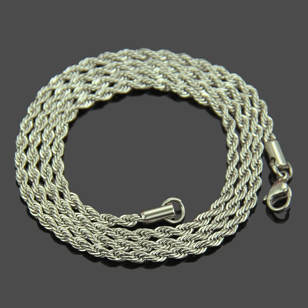 Silver Color 3mm Stainless Steel Necklace Men Twist Chain Basic Chain Hip Hop Jewelry Trend Accessories