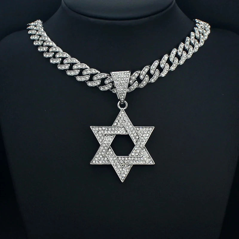 Fashion Star of David Pendant Necklace Women Men Hip Hop Tennis Cuban Chain Necklaces Classic Six-pointed Star Jewish