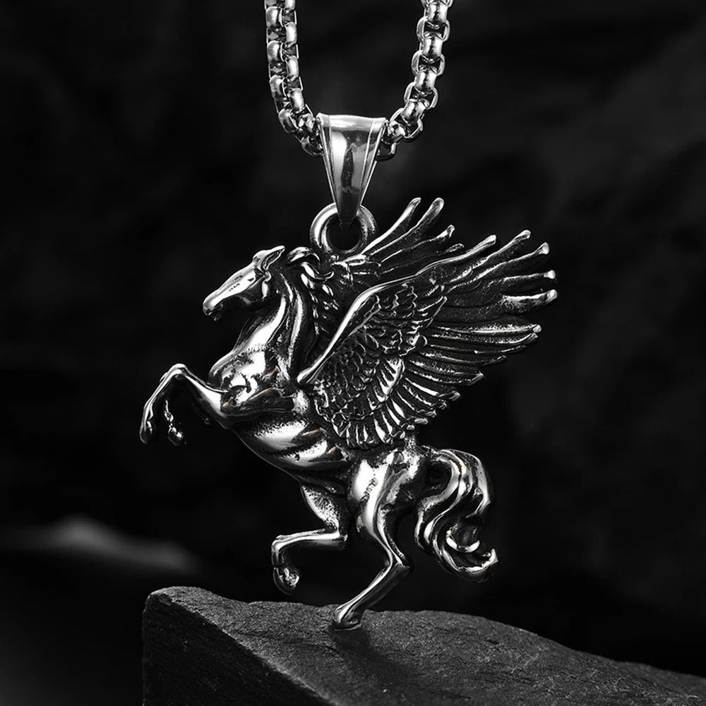 Stainless Steel Greek Winged Horse Pendant Necklace