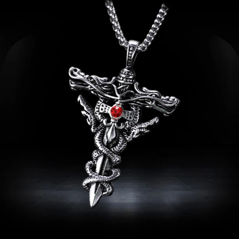 Silver Cross Pendant Necklace Vintage Red Stone