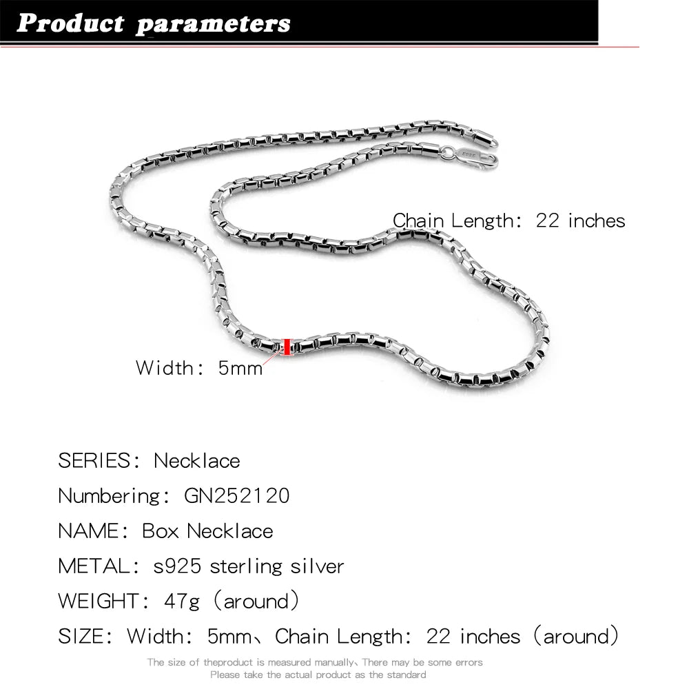 Men's Classic Box Chain Necklace 5mm Long Clasp — Silver-Tone
