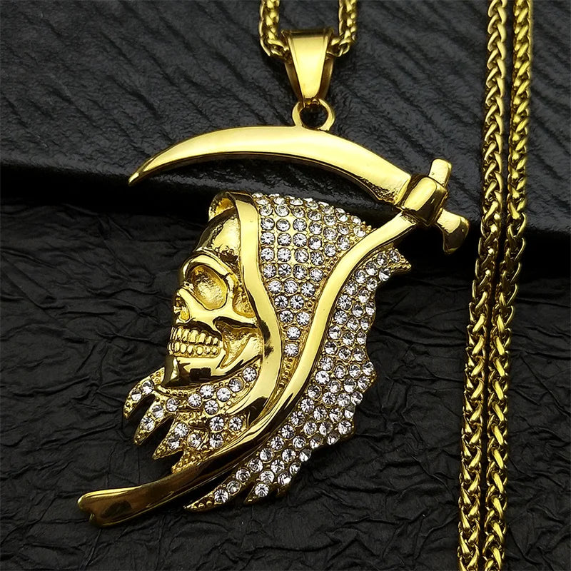 Stainless Steel Rhinestones Saint Death Santa Muerte Grim Reaper Pendant Necklace for Women Men Gold Plated Sickle