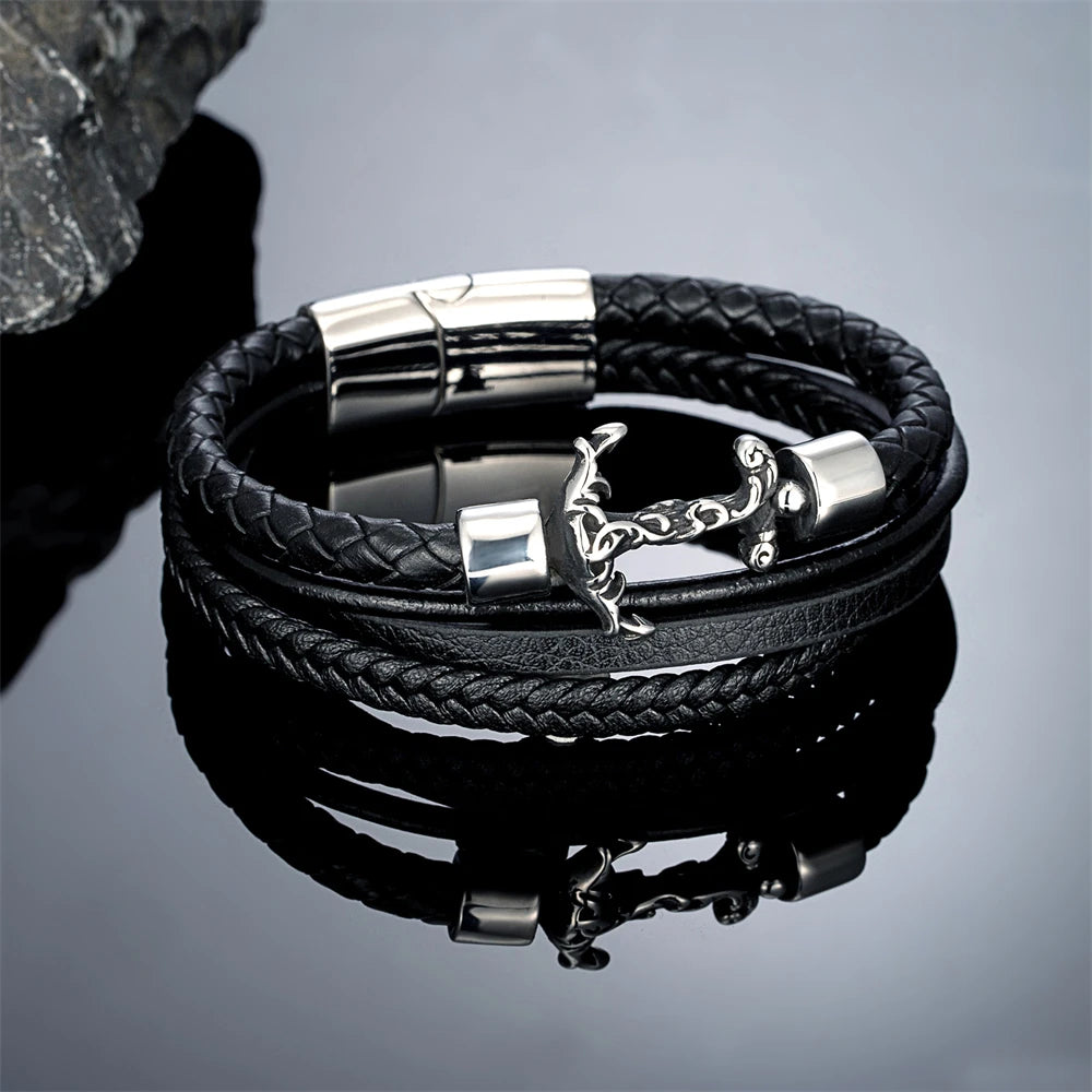 Men's Handmade Anchor Bracelet Women Punk Vikings Stainless Stee Multi-layer Leather Bangle Vintage Nautical Style