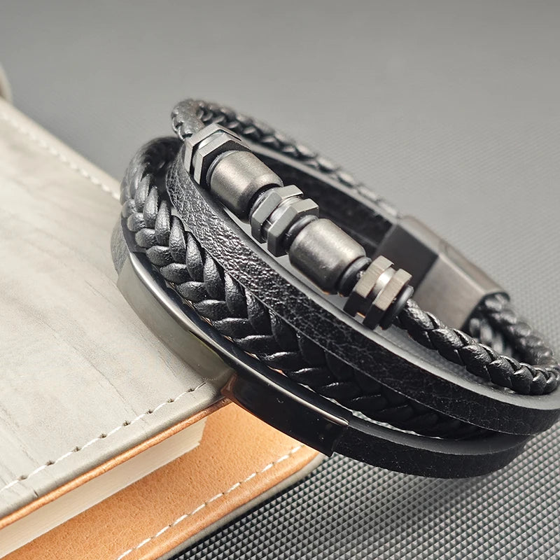 Men's Stainless Steel Luxury Magnetic Buckle Braided Multi-layer Leather Cylinder Hexagonal Bead Bracelet Men's Jewelry