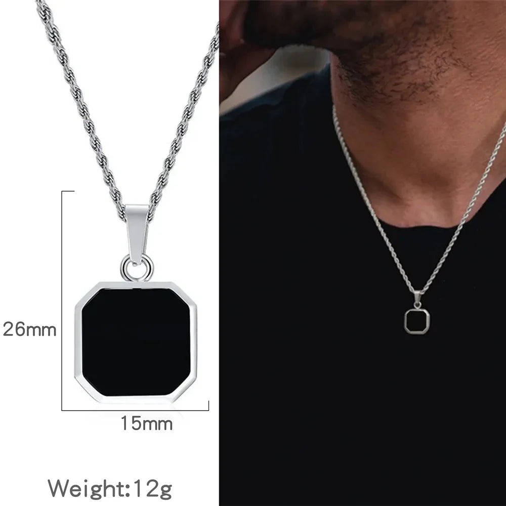 Simple Men Stainless Steel Pendant Necklace Retro Square Black Shell Figaro Chain Necklace Fashion Jewelry Trend Accessories