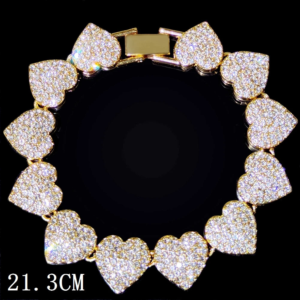 Hip Hop Full Crystal Heart Tennis Chain Bracelets for Men Women Bling Square Rhinestone Cuban Link Chain Bracelet Luxury Jewelry