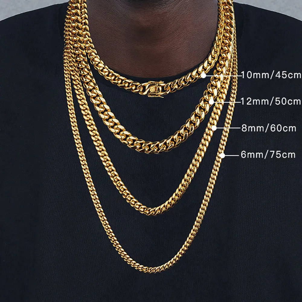 6mm/8mm/10mm/12mm Hip-Hop High Polished Gold Color 316L Stainless Steel Curb Cuban Link Chain Necklace Gift For Men