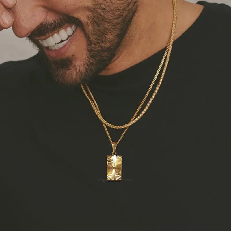Sunburst Rectangle Pendant — Gold Stainless