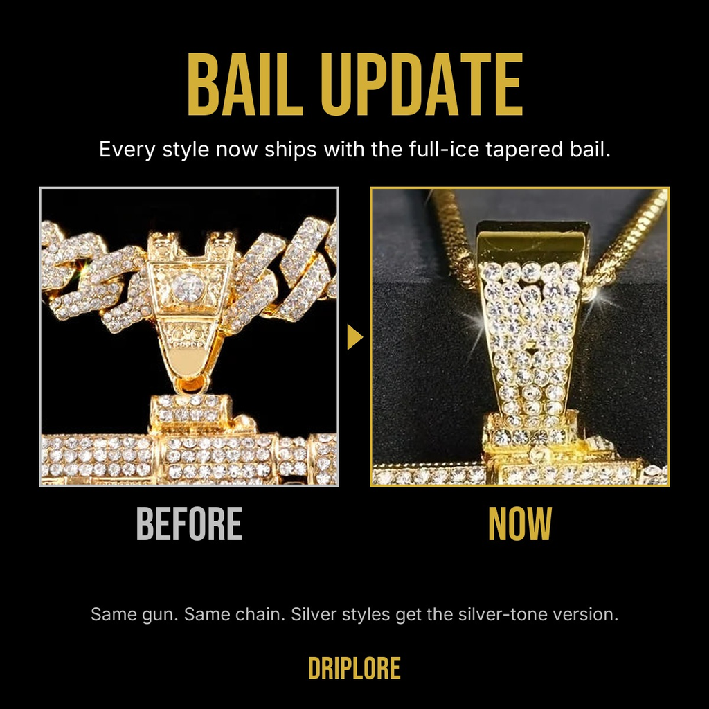 Bail update on the Iced Out AK47 pendant: old crown bail (before) and the new full-ice tapered bail (now)